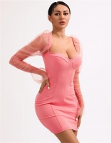 Pink Mesh Long Bubble Sleeves Sexy Bodycon Temperament Party Mini Dresses