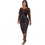 Black Mesh Long Sleeve Rhinestone Feather Bodycon Prom Party Midi Dress