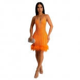 Orange Straps Mesh Deep V-Neck Rhinestone Feather Sexy Bodycon Women Dress