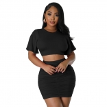 Black Short Sleeve O Neck Pleated Women Wrapped Hip Mini Dress Sets