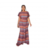 Red Fashion Women's Stripe Printed Round Neck Short Sleeve Long Dress