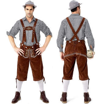 Traditional German men's beer festival clothing plaid shirt embroidered strap set