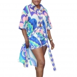 Blue Women's Casual Printing Long Shirt Shorts Set Fashion Two Piece Set