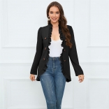 Black Women's Ruffle Edge Button Small Coat Slim Fit Fashion Suits