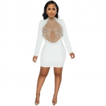 White Women's Long Sleeve Sexy Rhinestones Mesh Perspective Pearls Bodycn Dress