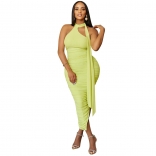 LightGreen Women's Sexy Tight Pleated Sexy Sleeveless Irregular Midi Dress