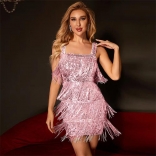 Pink Women's Fashion Sexy Tassel Strap Sequins Mini Dress