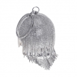 Grey Rhinestone Tassel Ball Dinner Metal Ring Handbag Fashion Banquet Bag