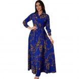 Blue Long Sleeve Printed Button Fashion Women's Casual Long Dress