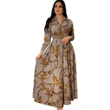 Grey Long Sleeve Printed Button Fashion Women's Casual Long Dress