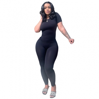 Black Short Sleeve Cotton Stripe Bodycon Two Pieces Sexy Jumpsuit
