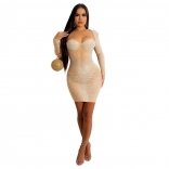 Beige Mesh Long Sleeve A-Line Bodycon Rhinestones Pleated Mini Dress