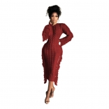 Red Long Sleeve Sweaters Fashion Women Tassels Bodycon Midi Dress