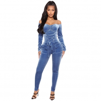 Blue Women's Long Sleeve Low-Cut Velvet Bandage Sexy Jumpsuit Dress