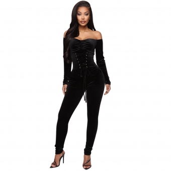 Black Women's Long Sleeve Low-Cut Velvet Bandage Sexy Jumpsuit Dress