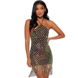 Black Women's Halter Sequins Tassels Dancing Party Mini Dress