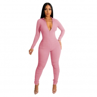 Pink Women's Long Sleeve Zipper V-Neck Stripe Bodycon Sexy Jumpsuit