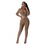 Khaki Women's Low-Cut Lace-up Bandage 2PCS Sports Sexy Jumpsuit