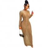 Khaki Long Sleeve Mesh See-throught Bodycon Evening Dancing Long Dress