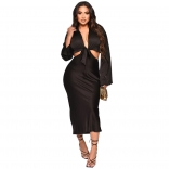 Black Fashion Women's Long Sleeve Sexy V-Neck Lace Up Waist Dress Set