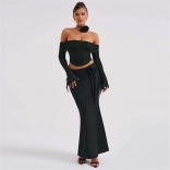 Black Women's Off-Shoulder 2PCS Bodycon Prom Party Long Dress