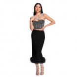 Black Women's Off-Shoulder Diamond Crop Tops Bodycon Feather Midi Dress