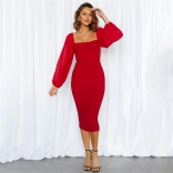 Red Boat-Neck Women Mesh Long Sleeve Pleated Bodycon Midi Prom Dress