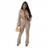 Beige Women's V-Neck Long Sleeve Crop Tops Knitting Bodycon Sexy Jumpsuit