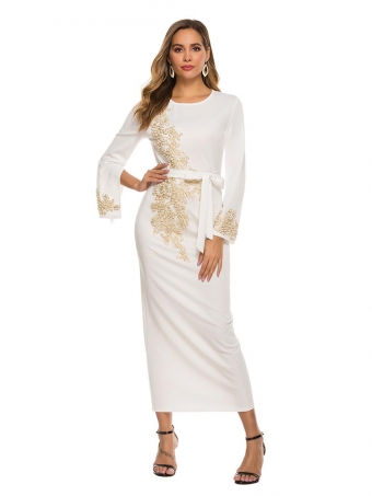 White Long Sleeve Women's Embroid Lace Pearls Belt Fashion Evening Prom Midi Dress
