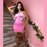 Pink Off-Shoulder Feather Velvet Sleeveless Bodycon Prom Mini Dress