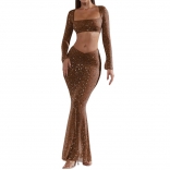 Coffee Women's Long Sleeve Boat-Neck Mesh Rhinestones Bodycons Two Pieces Long Dress