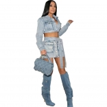 LightBlue Women's Fashion Denim 2PCS Button Sexy Party Pant Sets