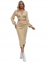 Khaki Long Sleeveless Women V-Neck Pleated Two Pieces Bandage Midi Dress