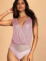 Pink Women's Sleeveless Deep V-Neck Sequins Bodycon Mesh Bodysuit