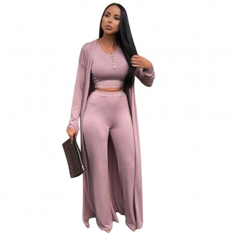 Pink Women Long Sleeve Crop Tops Sexy 3PCS Formal Casual Jumpsuit Dress Sets