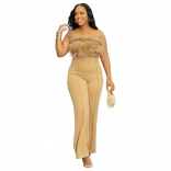 Beige Off-Shoulder Feather Women Strapless Bodycon Two Pieces Jumpsuit Dress Sets