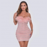 Pink Women's Mini Dress Straps Feather Low-Cut Diamonds Bodycon Party Clothing