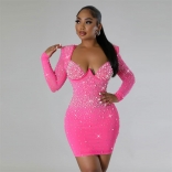 RoseRed Women's Diamond Clohthing Long Sleeve Bodycon Low-Cut Mini Dress