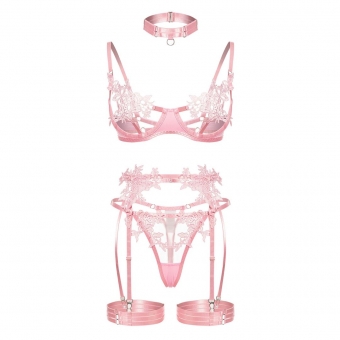 Pink Women's Embroidery Erotic Underwears Bra & Brief Sets Clothing Mesh Pellucid Sexy Senior Sexual Costumes