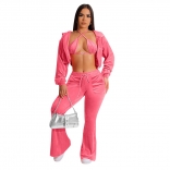 Pink Women Long Sleeve Velvet Clothes Sexy 3PCS Fashion Casual Jumpsuit Dress Sets