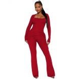 Red Women Long Sleeve Stripe Two Pieces Jumpsuit Sets Bodycon Casual Pleated Fashion Clothing