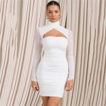 White Mesh Long Sleeve Pleated Sexy Bodycon Mini Prom Dress