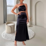 Black Sleeveless Halter Sexy Split High Waist Half Dress Two Piece Prom Dress Sets