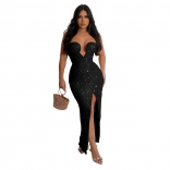 Black Women's Sequins Sleeveless Dress Off-Shoulder V-Neck Low-Cut Bodycon Long Skirt Clothing