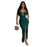 Green Women's Sequins Sleeveless Dress Off-Shoulder V-Neck Low-Cut Bodycon Long Skirt Clothing