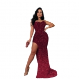 WineRed Women's Off-Shoulder Pleated Sequins Bodycon Long Dress Sexy Split Elegant Vestidos