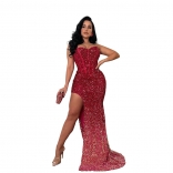 Red Women's Off-Shoulder Pleated Sequins Bodycon Long Dress Sexy Split Elegant Vestidos