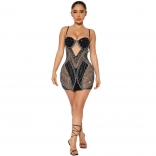 Black Women's Mesh Diamonds Straps Sexy Dress Bodycon Evening Prom Party Mini Dress