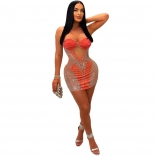 Orange Women's Mesh Diamonds Straps Sexy Dress Bodycon Evening Prom Party Mini Dress