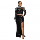 Black Women Mesh Long Sleeve Pearls Diamonds Long Dress Elegant Evening Prom Formal Sequins Dreses